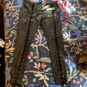 Faux Leather/Wet Look Peekaboo Lace Up Leggings